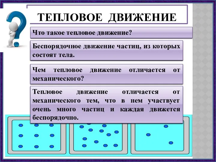 ТЕПЛОВОЕ ДВИЖЕНИЕ Что такое тепловое движение? Тепловое движение отличается от