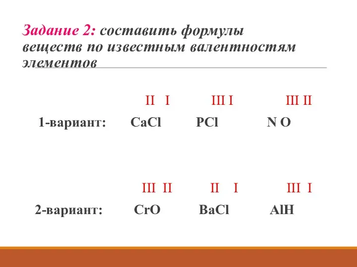 Задание 2: составить формулы веществ по известным валентностям элементов II