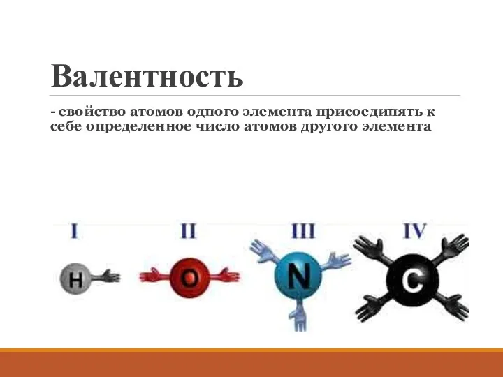 Валентность - свойство атомов одного элемента присоединять к себе определенное число атомов другого элемента