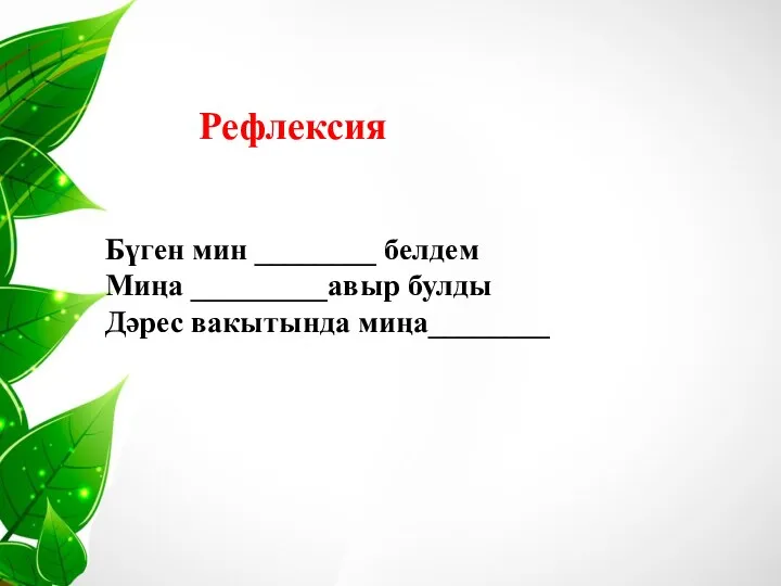 Бүген мин ________ белдем Миңа _________авыр булды Дәрес вакытында миңа________ Рефлексия