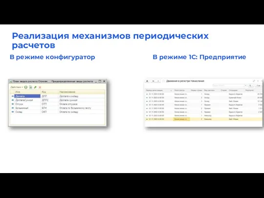 Реализация механизмов периодических расчетов В режиме конфигуратор В режиме 1С: Предприятие