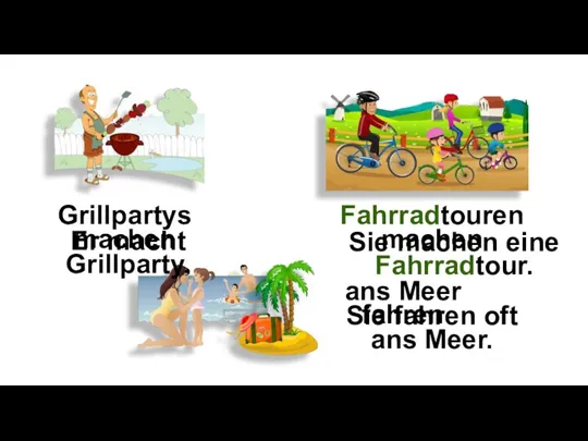 Grillpartys machen Er macht Grillparty. Fahrradtouren machen Sie machen eine