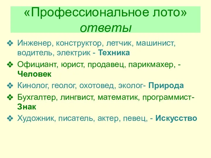 «Профессиональное лото» ответы Инженер, конструктор, летчик, машинист, водитель, электрик -