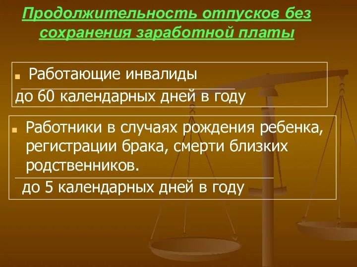 Продолжительность отпусков без сохранения заработной платы Работающие инвалиды до 60