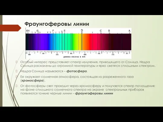 Фраунгоферовы линии Особый интерес представляет спектр излучения, приходящего от Солнца.