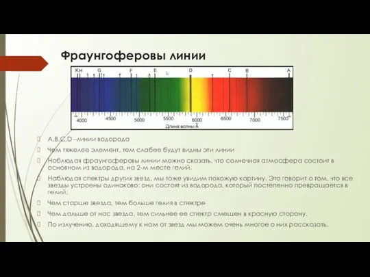 Фраунгоферовы линии А,В,С,D –линии водорода Чем тяжелее элемент, тем слабее