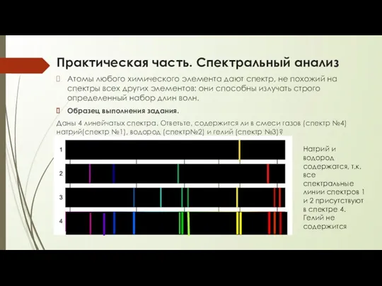 Практическая часть. Спектральный анализ Атомы любого химического элемента дают спектр,