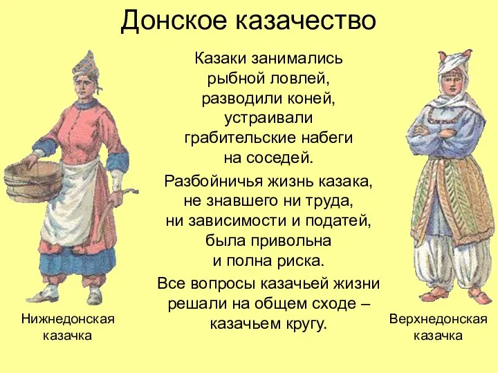 Донское казачество Казаки занимались рыбной ловлей, разводили коней, устраивали грабительские