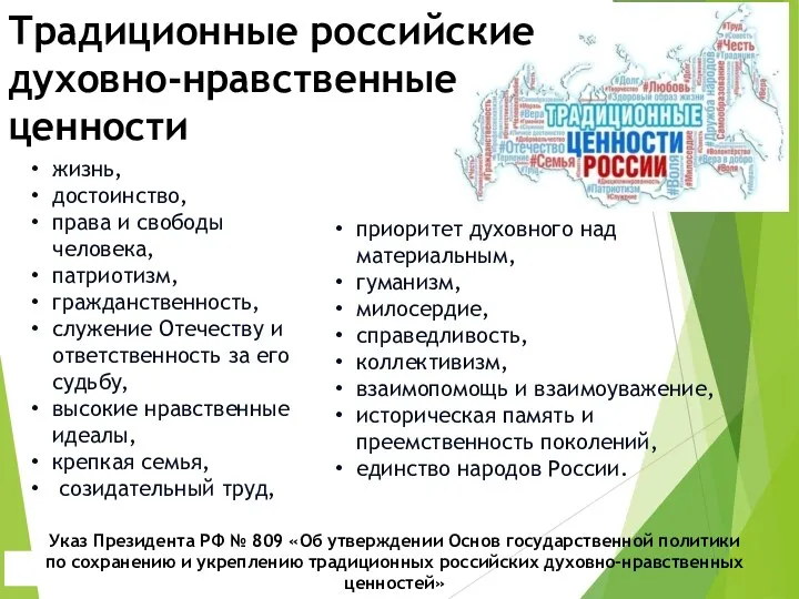 Традиционные российские духовно-нравственные ценности Указ Президента РФ № 809 «Об