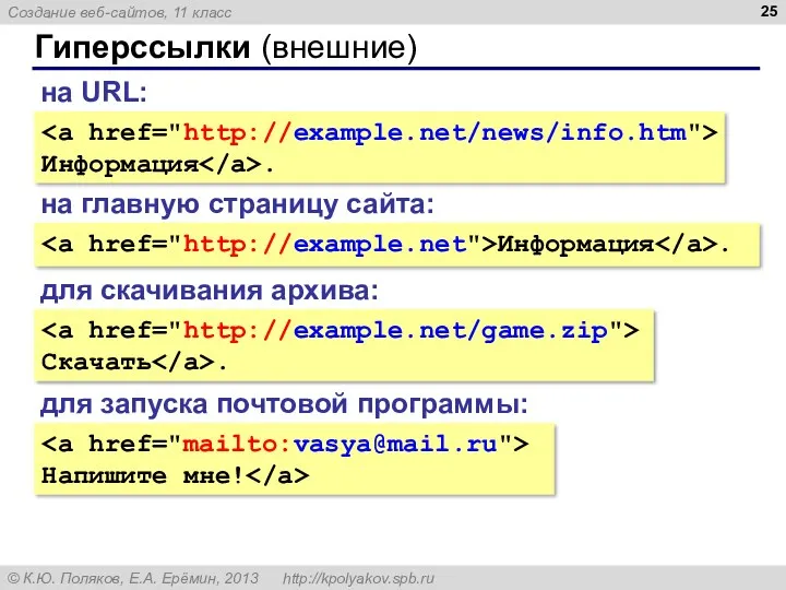 Гиперссылки (внешние) Информация . на URL: на главную страницу сайта: Информация . для