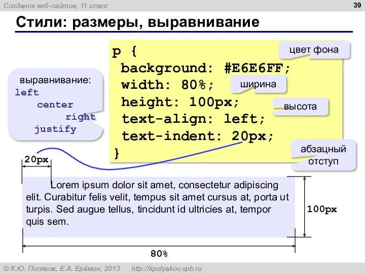 Стили: размеры, выравнивание p { background: #E6E6FF; width: 80%; height: 100px; text-align: left;