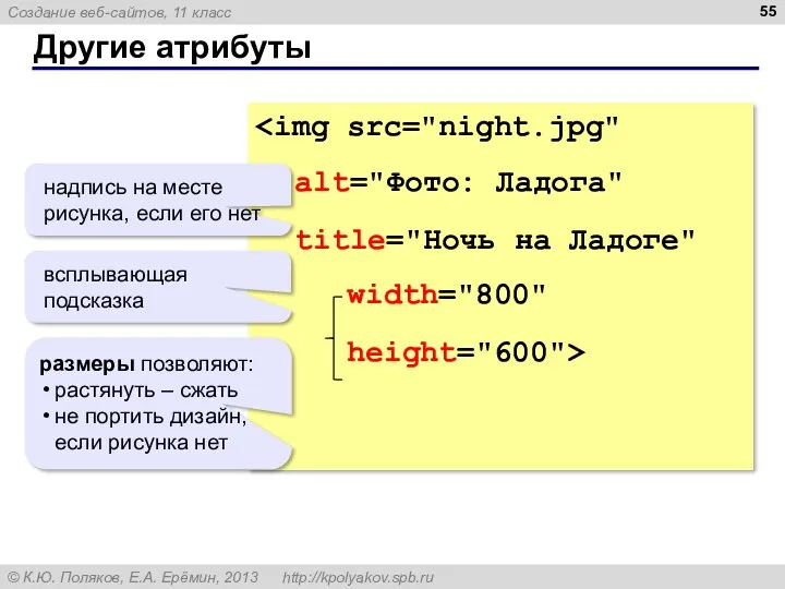 Другие атрибуты title="Ночь на Ладоге" width="800" height="600"> надпись на месте рисунка, если его