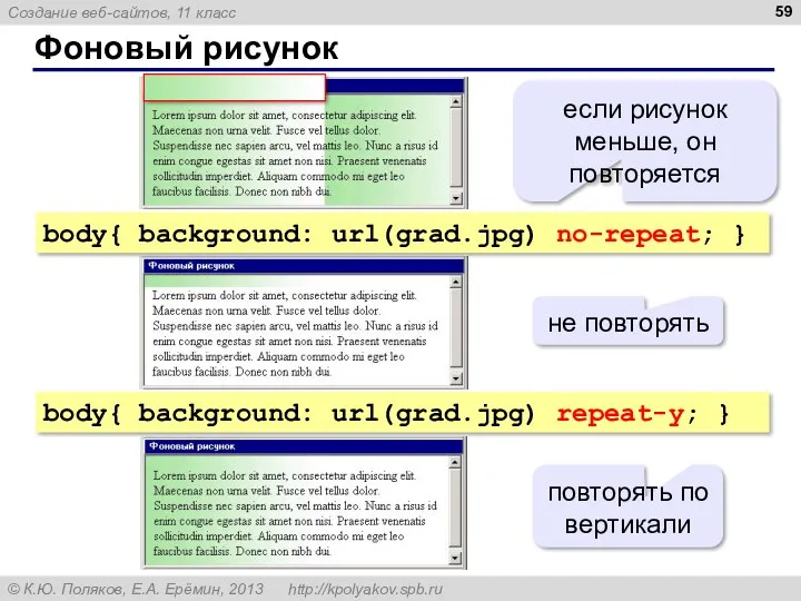 Фоновый рисунок body{ background: url(grad.jpg) no-repeat; } body{ background: url(grad.jpg) repeat-y; } если