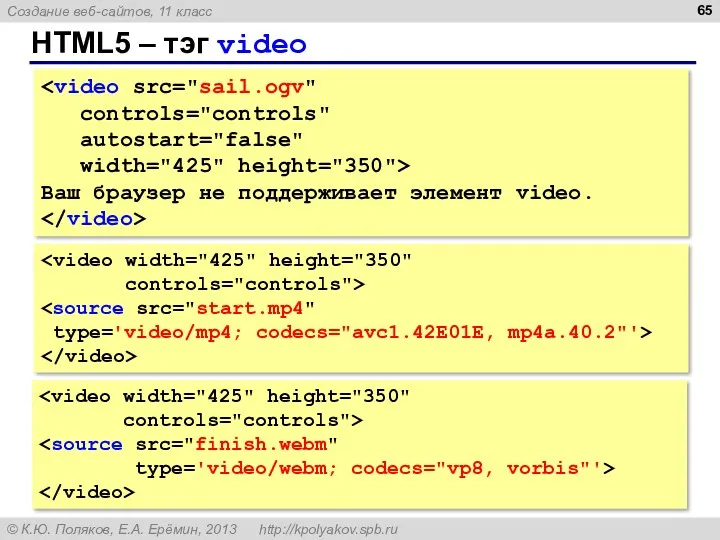HTML5 – тэг video controls="controls" autostart="false" width="425" height="350"> Ваш браузер не поддерживает элемент