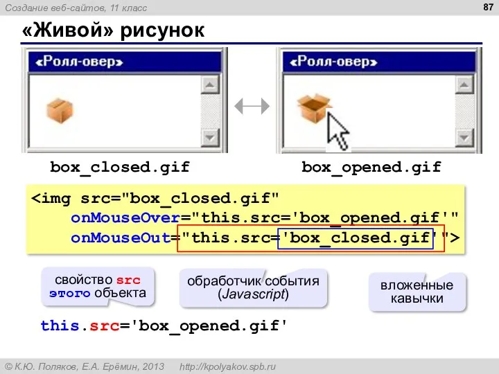 «Живой» рисунок box_closed.gif box_opened.gif onMouseOver="this.src='box_opened.gif'" onMouseOut="this.src='box_closed.gif'"> this.src='box_opened.gif' свойство src этого объекта вложенные кавычки обработчик события (Javascript)
