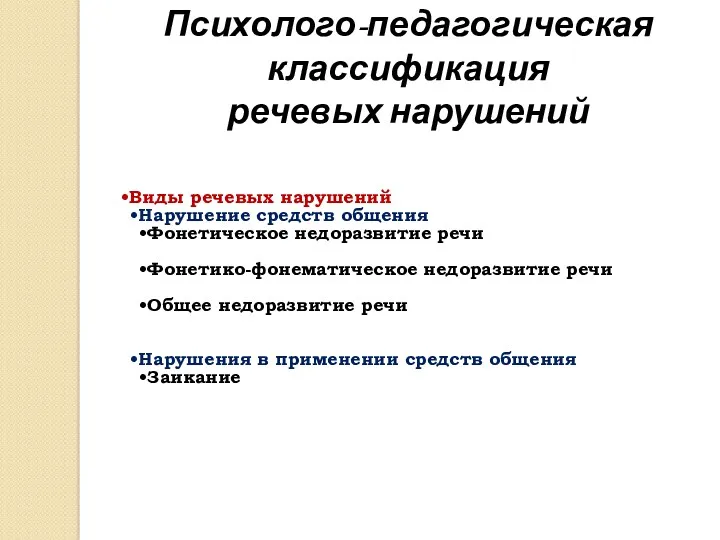 Психолого-педагогическая классификация речевых нарушений Виды речевых нарушений Нарушение средств общения