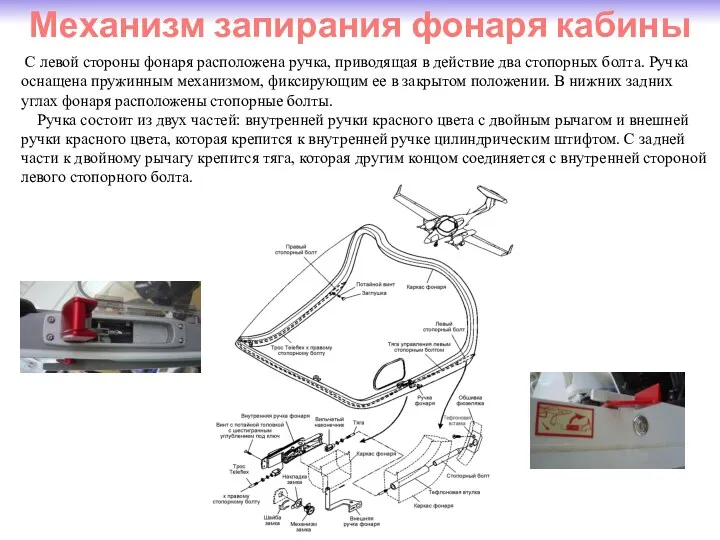 Механизм запирания фонаря кабины С левой стороны фонаря расположена ручка,