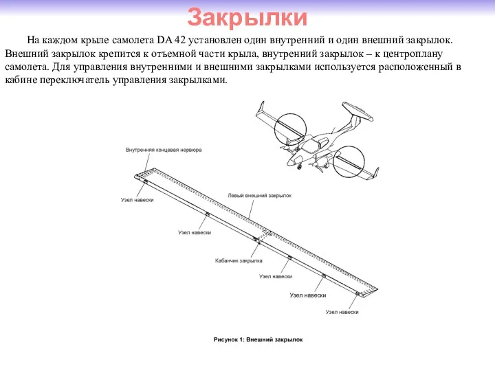 Закрылки На каждом крыле самолета DA 42 установлен один внутренний