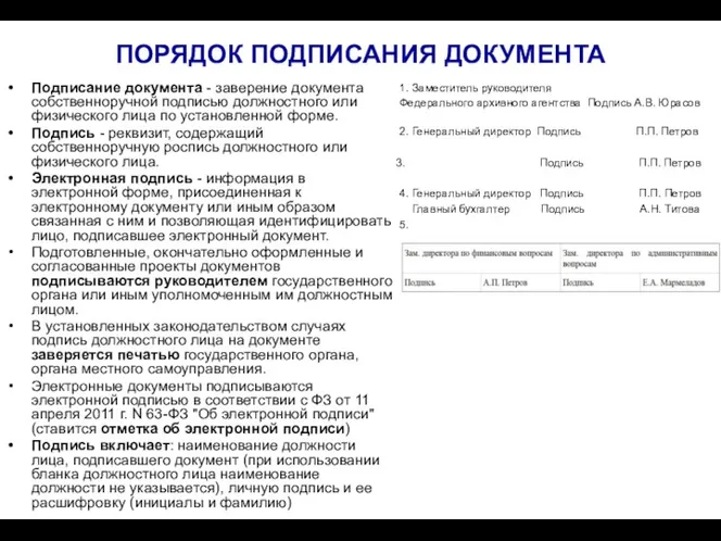 ПОРЯДОК ПОДПИСАНИЯ ДОКУМЕНТА Подписание документа - заверение документа собственноручной подписью