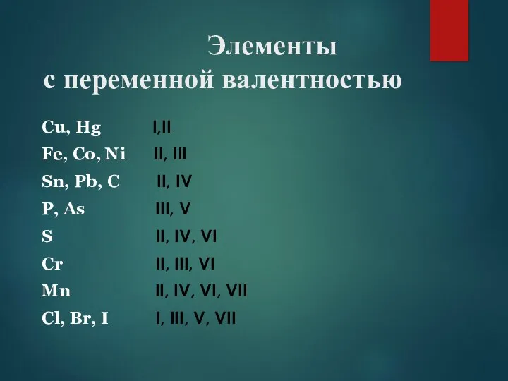 Элементы с переменной валентностью Cu, Hg I,II Fe, Co, Ni II, III Sn,