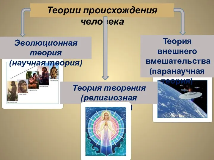 Теория внешнего вмешательства (паранаучная теория) Теории происхождения человека Эволюционная теория (научная теория) Теория творения (религиозная концепция)