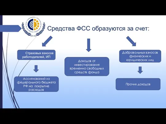 Средства ФСС образуются за счет: Страховых взносов работодателей, ИП Доходов