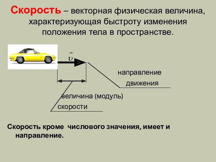 Скорость – векторная физическая величина, характеризующая быстроту изменения положения тела