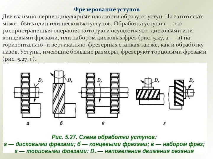 Фрезерование уступов Две взаимно-перпендикулярные плоскости образуют уступ. На заготовках может