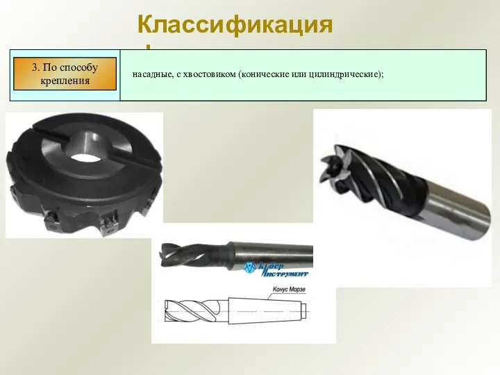 Классификация фрез 3. По способу крепления насадные, с хвостовиком (конические или цилиндрические);