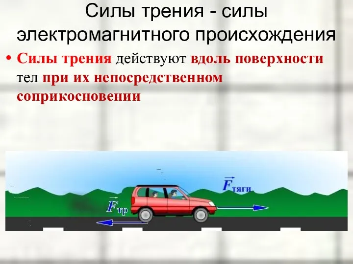 Силы трения - силы электромагнитного происхождения Силы трения действуют вдоль поверхности тел при их непосредственном соприкосновении