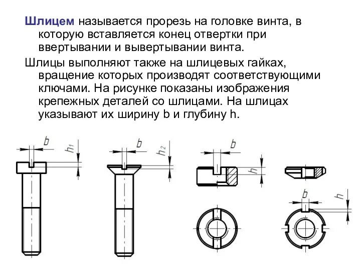 Шлицем называется прорезь на головке винта, в которую вставляется конец