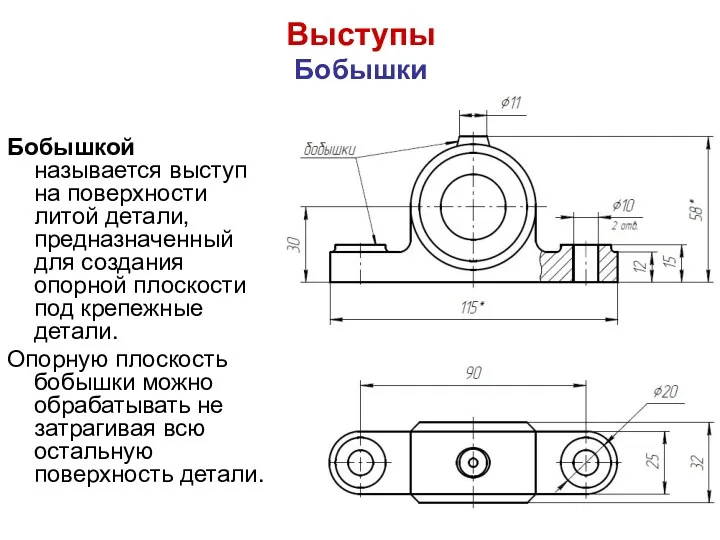 Выступы Бобышки Бобышкой называется выступ на поверхности литой детали, предназначенный