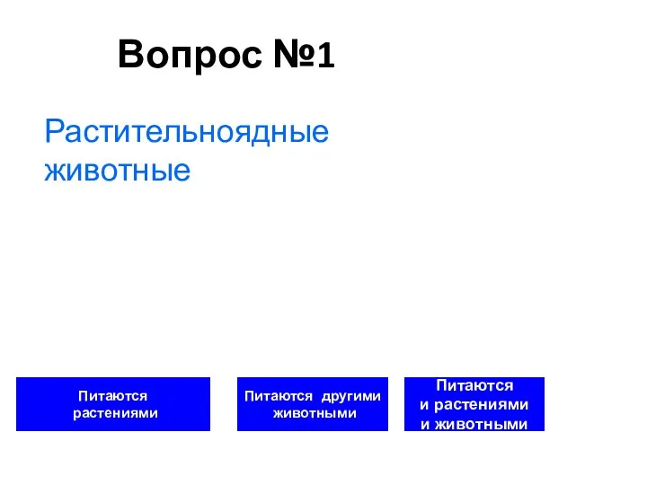 Вопрос №1 Питаются растениями Питаются другими животными Питаются и растениями и животными Растительноядные животные