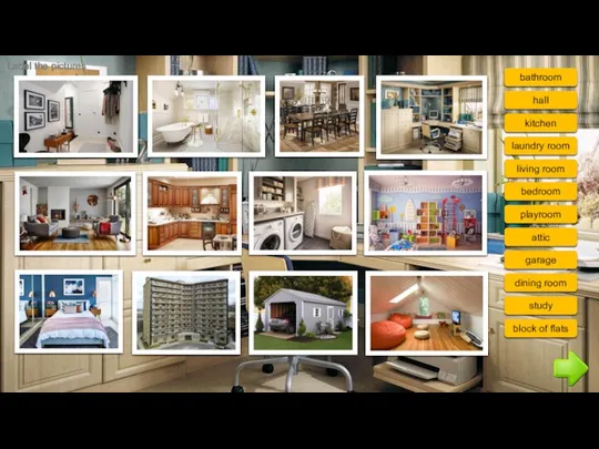Label the pictures bathroom hall kitchen laundry room living room