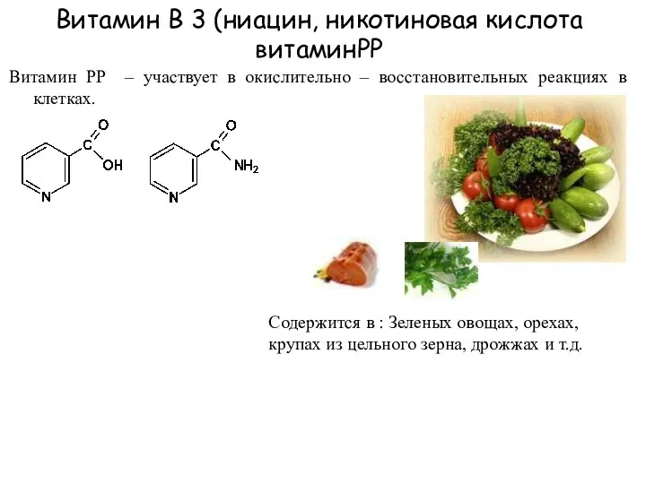 Витамин В 3 (ниацин, никотиновая кислота витаминPP Витамин PP –