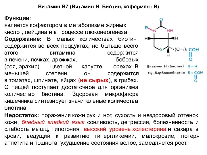 Витамин В7 (Витамин Н, Биотин, кофермент R) Функции:является кофактором в