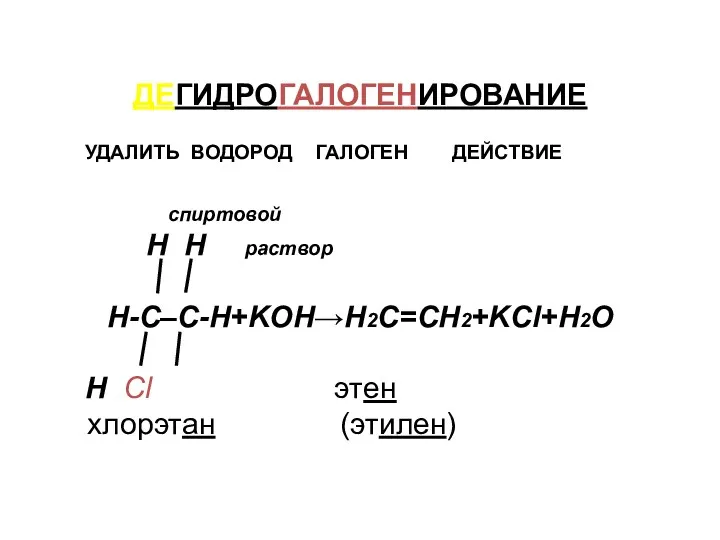 ДЕГИДРОГАЛОГЕНИРОВАНИЕ УДАЛИТЬ ВОДОРОД ГАЛОГЕН ДЕЙСТВИЕ спиртовой H H раствор Н-С–С-Н+KOH→Н2С=СН2+KCl+H2O Н Cl этен хлорэтан (этилен)