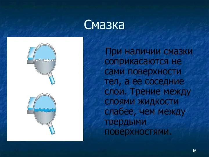 Смазка При наличии смазки соприкасаются не сами поверхности тел, а