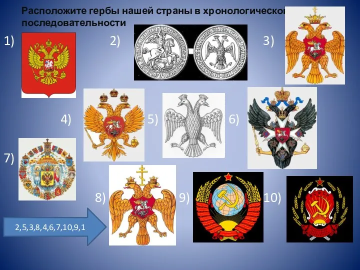 Расположите гербы нашей страны в хронологической последовательности 1) 2) 3) 4) 5) 6)