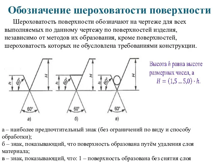 Обозначение шероховатости поверхности Шероховатость поверхности обозначают на чертеже для всех