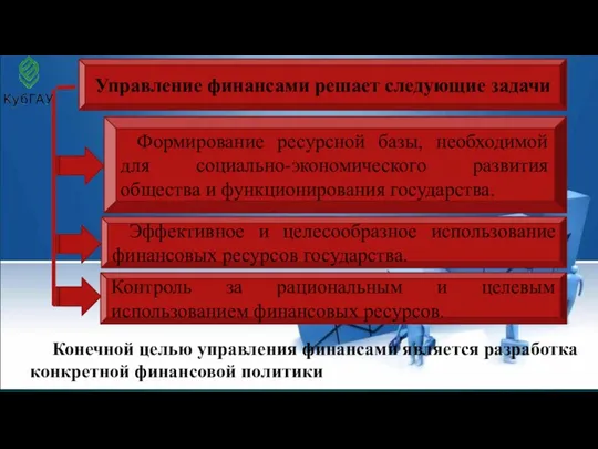 Управление финансами решает следующие задачи Формирование ресурсной базы, необходимой для социально-экономического развития общества