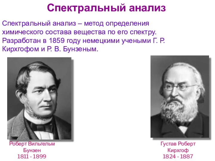 Густав Роберт Кирхгоф 1824 - 1887 Роберт Вильгельм Бунзен 1811