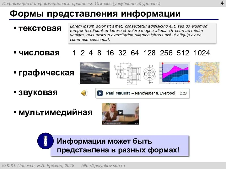 Формы представления информации текстовая числовая 1 2 4 8 16