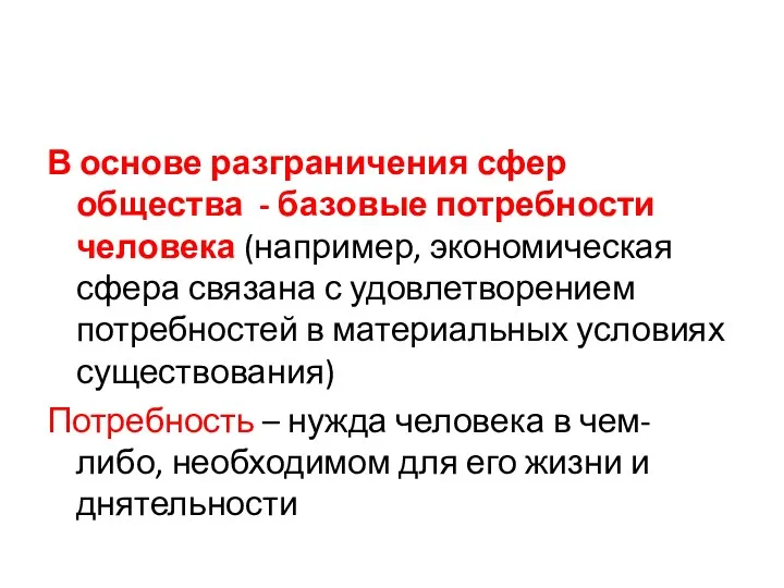 В основе разграничения сфер общества - базовые потребности человека (например,