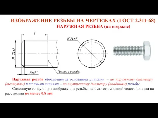 ИЗОБРАЖЕНИЕ РЕЗЬБЫ НА ЧЕРТЕЖАХ (ГОСТ 2.311-68) НАРУЖНАЯ РЕЗЬБА (на стержне)