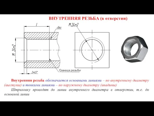 ВНУТРЕННЯЯ РЕЗЬБА (в отверстии) Внутренняя резьба обозначается основными линиями –