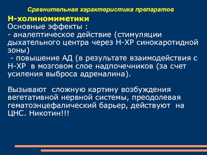 Сравнительная характеристика препаратов Н-холиномиметики Основные эффекты : - аналептическое действие