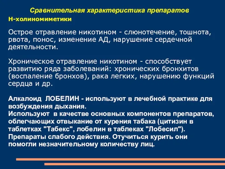 Сравнительная характеристика препаратов Н-холиномиметики Острое отравление никотином - слюнотечение, тошнота,