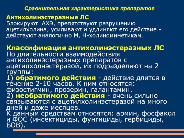 Сравнительная характеристика препаратов Антихолинэстеразные ЛС Блокируют АХЭ, препятствуют разрушению ацетилхолина,