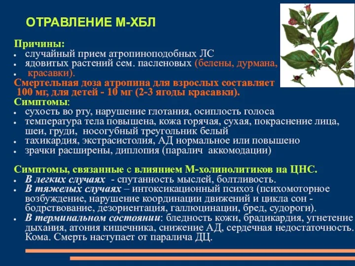 ОТРАВЛЕНИЕ М-ХБЛ Причины: случайный прием атропиноподобных ЛС ядовитых растений сем.